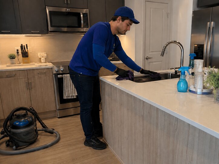 Agent de propreté WeCleaned faisant le ménage dans un appartement